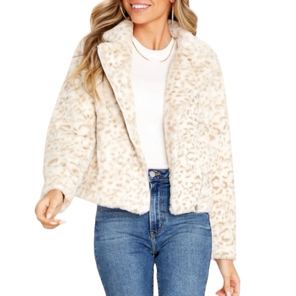 Andree By Unit SNOW LEOPARD PRINT PLUSH FAUX FUR SHERPA FULL ZIP JACKET Sz Large - Picture 6 of 8